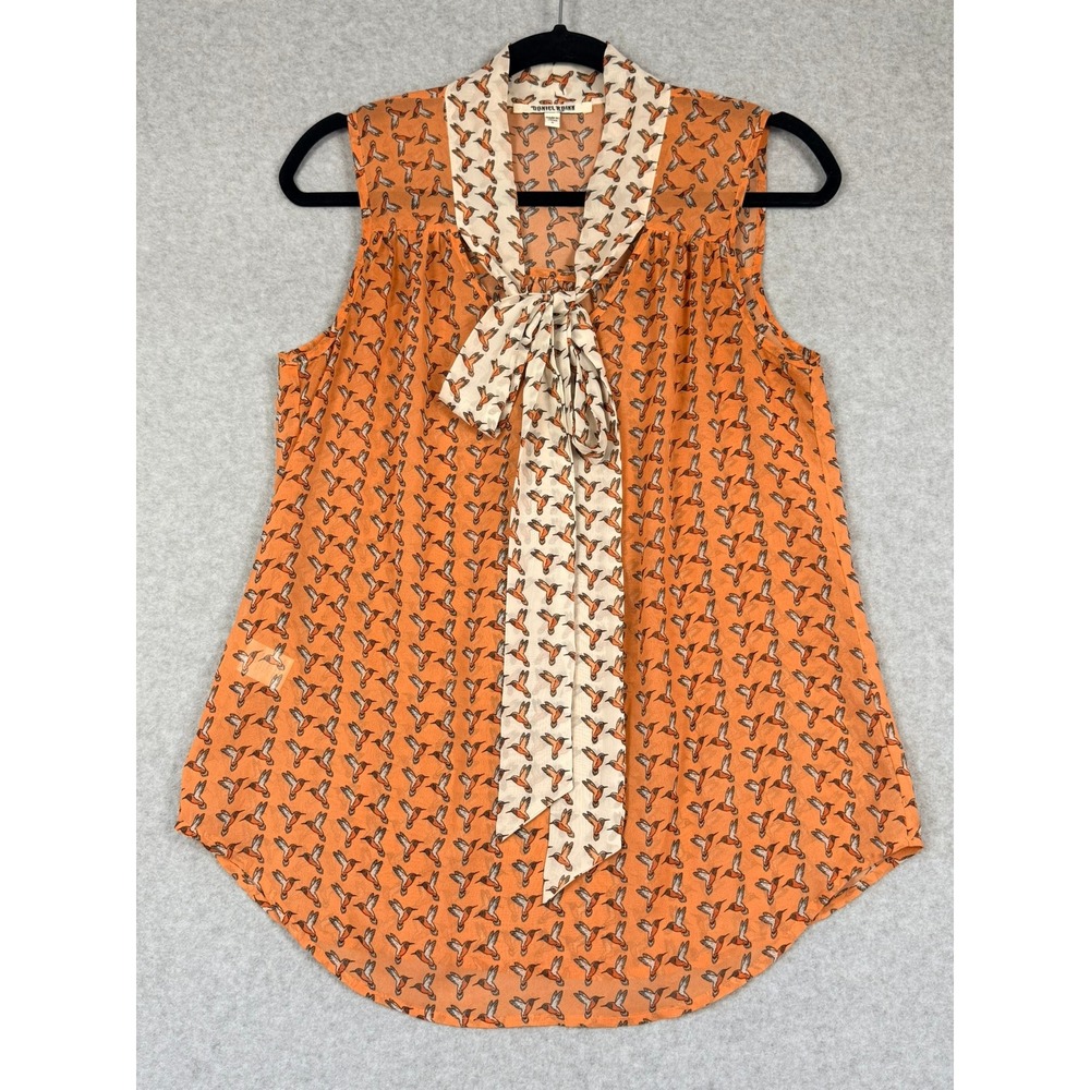 Daniel Rainn Orange Hummingbird Print Tie Neck Sleeveless Blouse Small 11585